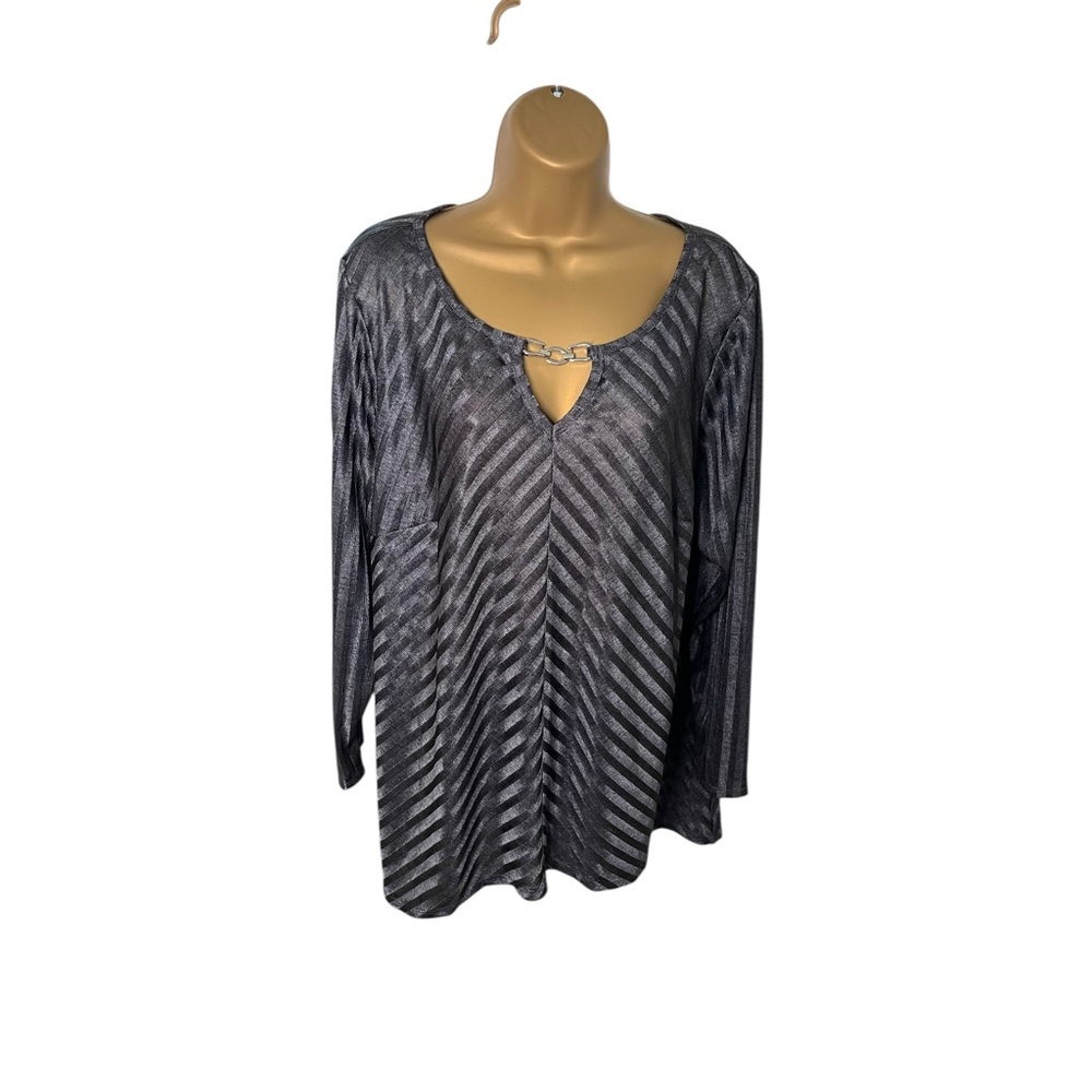 Alyx Stripe Blouse Keyhole Chain Neck Gray Silver 2X